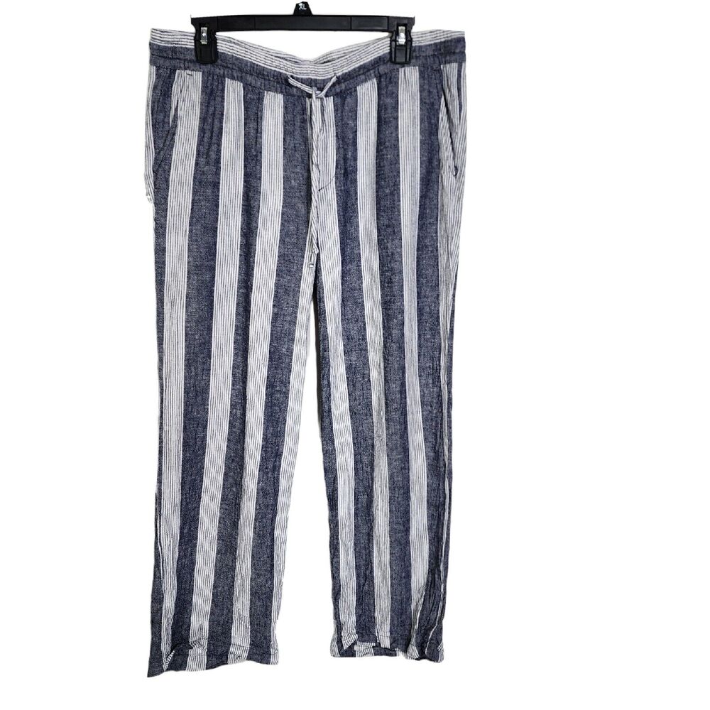 Old Navy Womens Pants Size Large Blue White Striped Linen Blend Wide Leg Pull On